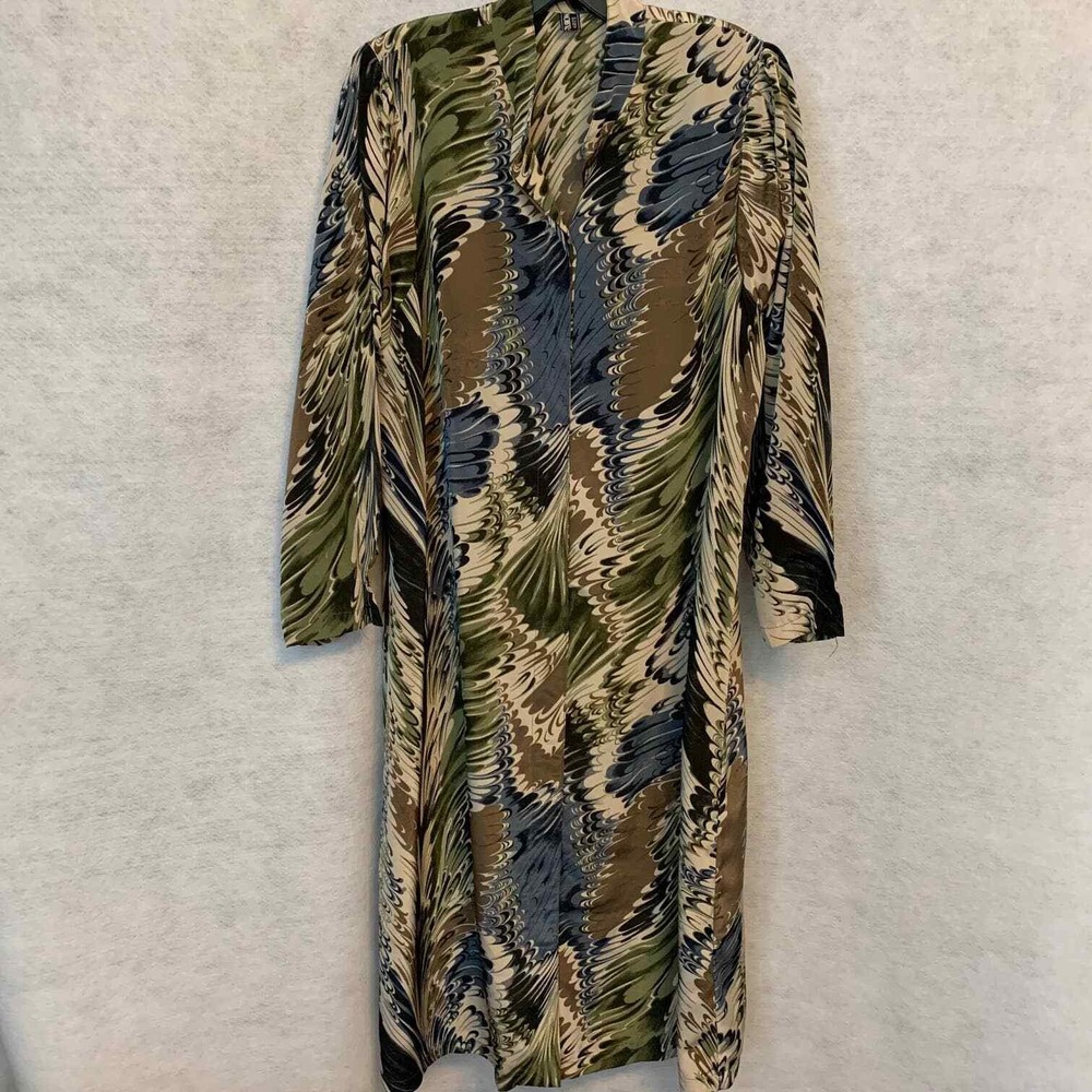 Seoul Fashion Midi Dress Womens Green Blue Marbled Feather Print Button Front
